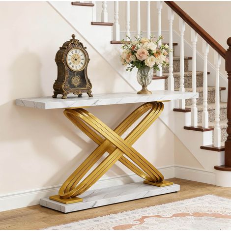 Consolle ingresso 140x35x80 cm bianco e oro, doppio ripiano, metallo effetto marmo MEUBLIV (1/5)