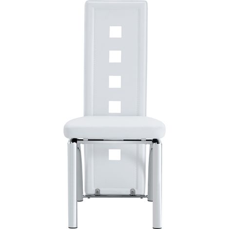 Ensemble table à manger ronde 88 cm avec 4 chaises en cuir régénéré blanc, plateau en verre trempé et structure métal argentée CHICFURN (1/5)