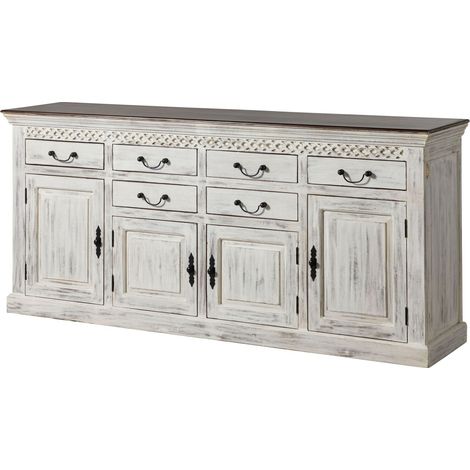 Massivmoebel24 – Buffet en bois de manguier et acacia blanc ciré 200x45x90 – 6 tiroirs et 6 compartiments – Finition Shabby Chic – Détails fraisés