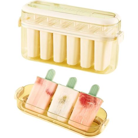 Moule à glaces en silicone avec boîte de conservation, 6 compartiments et mécanisme d'éjection, réutilisable pour glace, yaourt et fruits, sans BPA, beige (1/5)
