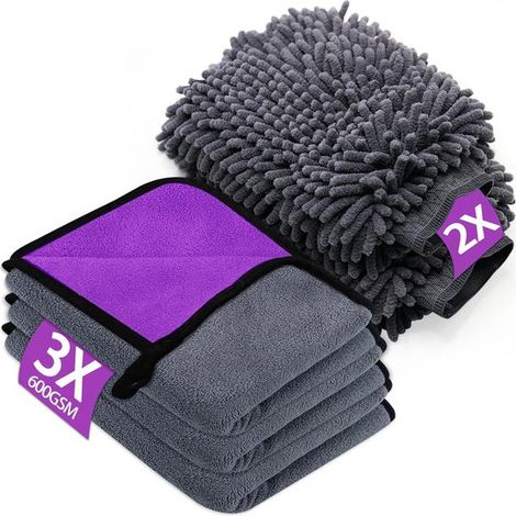 Set di 5 panni per la lucidatura dell'auto, comprensivo di panno in microfibra e guanti per lucidatura in microfibra, altamente assorbenti, antigraffio, colore viola. (1/5)