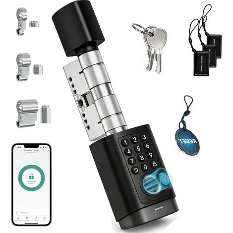 Serrure de Porte Intelligente avec Empreinte Digitale et Mot de Passe pour Porte de 60-90mm, Cylindre de Verrouillage de Longueur Réglable, avec Clé, Carte IC, Supporte la Télécommande via (1/5)
