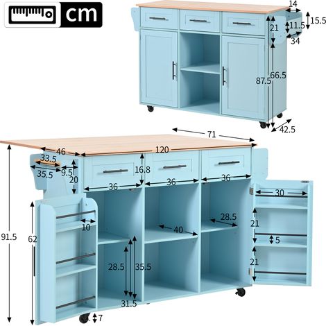 Buffet roulant 139x46x91,5 cm, corps bleu, plan de travail en bois massif aspect veiné, plateau rabattable, porte de rangement, roulettes, pieds en bois massif remplaçables, idéal salle à manger et cu (1/5)