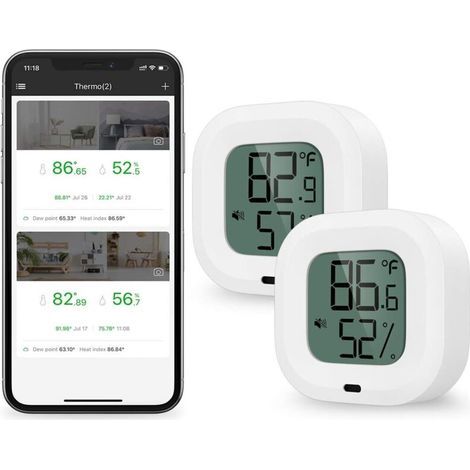 2 Pièces Thermomètre Hygromètre Bluetooth. Capteur de Température D'humidité avec Exportation de Données pour iOS Android. D'alarme. pour Maison. Étui à Guitare. Cave à Cigare. Cadeau Noel (1/5)