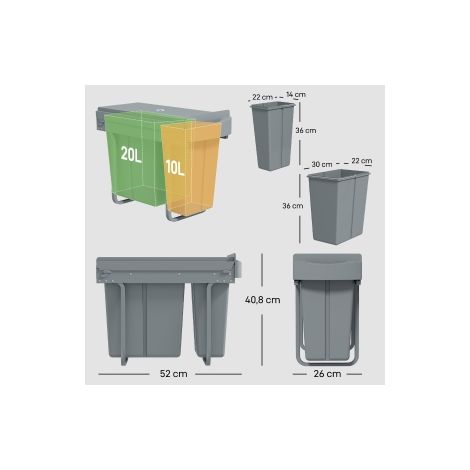 Poubelle extractible, bac à déchets de cuisine avec 2 bacs amovibles, poignée, 30 litres (20 L+10 L), métal, gris (1/5)