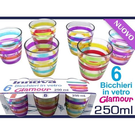 TrAdE Shop Traesio - Set Bicchieri In Vetro Con Righe Colorate Glamour 6 Pezzi Da 250 Ml Colorati -