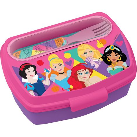 Sandwich Box + Posate per bambine in plastica, senza BPA, con grafiche delle principesse, con cucchiaino e forchettina lavabili e riutilizzabili (1/2)