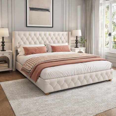 Letto imbottito 140x190 cm in lino beige con testiera capitonné, senza materasso – MEUBLIV (1/5)