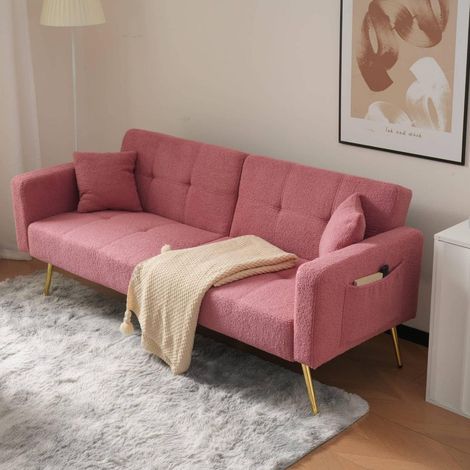 Schlafsofa Rosa mit Schlaffunktion, verstellbarer Rückenlehne, Seitentaschen & goldenen Beinen (1/5)
