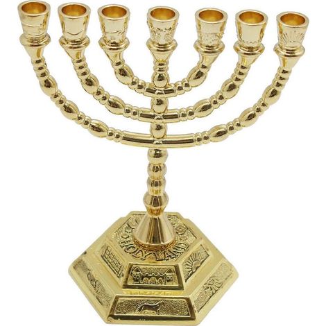 Menorah du Temple de Jérusalem, une pièce, Menorah de la tribu d'Israël avec la verge d'Aaron, le récipient à manne et l'ardoise, 13 cm de haut, style antique pour Hanoukka