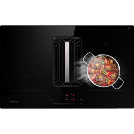 Klarstein 2-in-1 Kochfeld mit Dunstabzug Integriert, Induktionskochfeld mit Dunstabzug für Kochinsel, 4er Kochfeld mit Integriertem Dunstabzug, 750 m³/h Luftstrom, Touch-Display, Energieeffizienz A