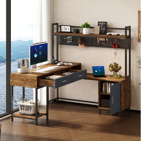 Industrieller Eckschreibtisch 140 x 140 x 135 cm aus MDF und Metall, schwarz und Holz HAVRYA (1/5)