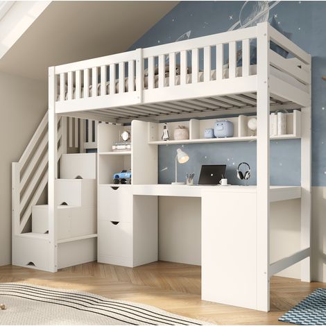 Cama alta infantil de 90x200 cm con escritorio esquinero, escalera con espacio de almacenamiento y cajones, madera blanca (1/5)