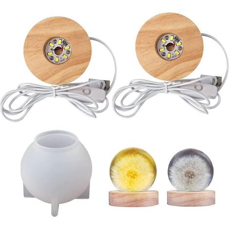Moule rond lumineux en résine, boule en silicone à monter soi-même avec support de lampe, moule en résine époxy avec base en bois éclairée par LED, décoration décorative en résine veilleuse (1/5)