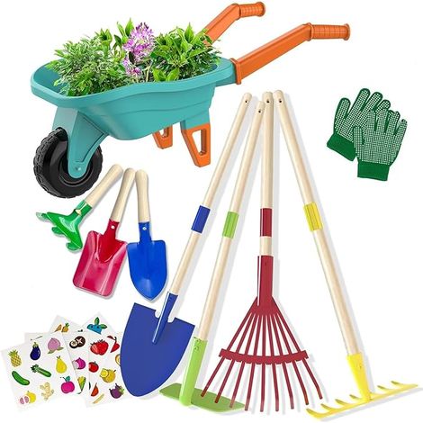 Garden Tools for Children, 70 cm Wheelbarrow with 70 cm Metal Shovel Rake Hooch Leaf Rake 20 cm Shovel Rake Gloves Educational Toy for Outdoor Garden Yard Lawn Digging Play (1/5)