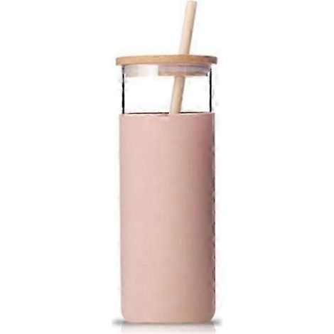 Gobelet en verre avec paille, housse de protection en silicone et couvercle en bambou – Sans BPA (Ambre) (1/4)