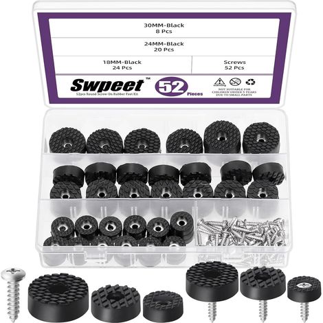 Lot de 52 patins ronds en caoutchouc antidérapant pour meubles avec vis, 3 tailles 18 mm, 24 mm et 30 mm, pour protéger le bois dur Noir (1/5)