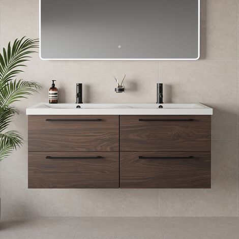 Napoli 390 Brown Oak 1200mm Wall Mounted 4 Drawer Vanity Unit with Double Glide Basins - 1200mm - Matt Black 320mm Handle