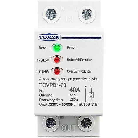 TOMZN TOVPD1-60, dispositif de protection contre les surtensions/sous-tensions sur rail DIN 40 A AC 230 V, 3 LED, avec reconnexion automatique et relais de protection. (1/5)