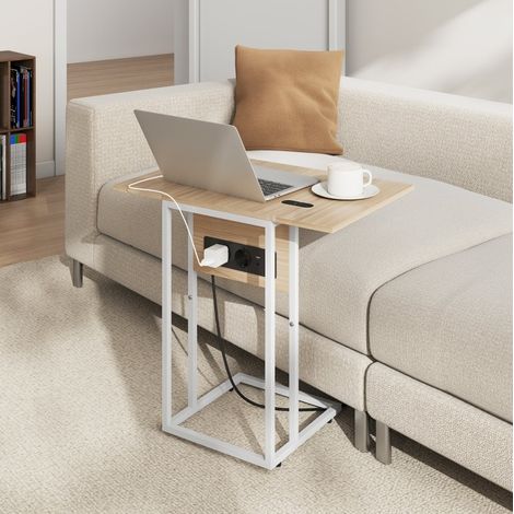 Mesa auxiliar plegable para sofá con carga USB, metal y madera, 39 x 29 x 57 cm, blanco (1/5)
