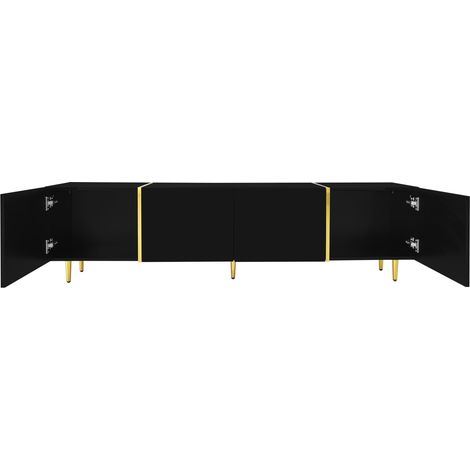Meuble TV noir laqué avec 4 portes, design moderne avec accents dorés (1/5)