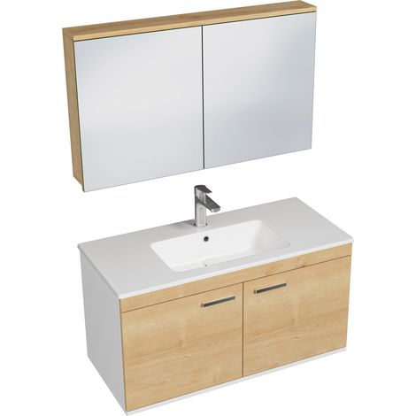 Saniverre – Meuble sous vasque simple 100 cm – 2 portes battantes chêne clair – Vasque céramique blanche – Miroir armoire avec étagère (1/5)