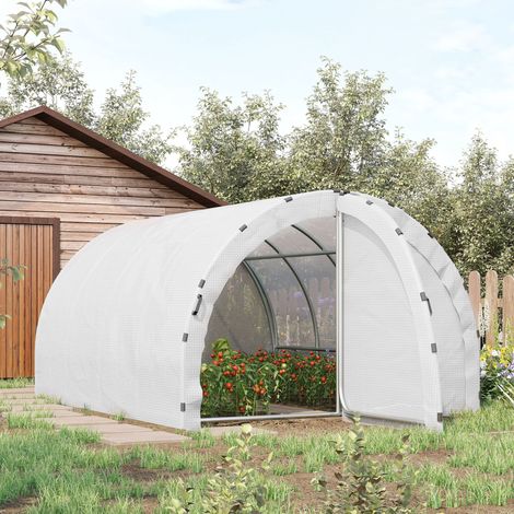 Outsunny Tunnelgewächshaus, 12 m² Grundfläche, 4 m L x 3 m B x 2 m H, verstärkter Rohrrahmen (25 mm), Doppeltür mit Griffen, weiß