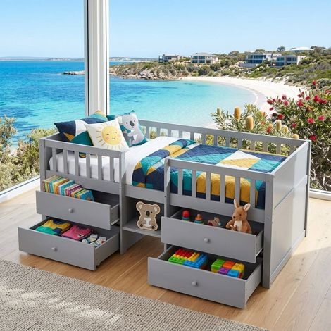 Audreamy Kestrel Low Loft Bed Grey Wooden Single with Storage (1/5)