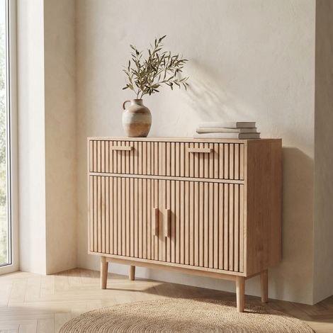 Cassettiera 100, 2 ante e 2 cassetti, madia 100, cassettiera per camera da letto, design a doghe verticali, mobile contenitore per soggiorno/sala da pranzo, scandinavo(100×35×80cm, Rovere chiaro)