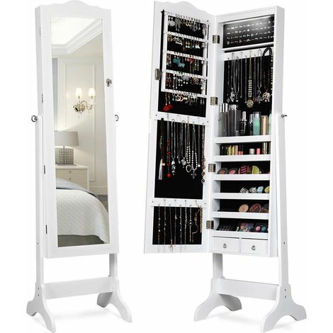 14 LED Armoire à Bijoux sur Pied avec Grand Miroir Rangement Bagues et Colliers 4 Angles Inclinables Verrouillable Blanc (1/5)