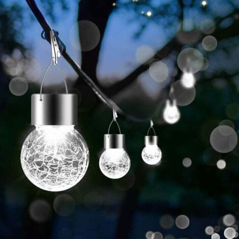 QORVA-Lot De 6 Lampes Solaires À Suspendre Pour Extérieur, Lanterne Solaire Étanche Avec Poignée Et Clip, Boules Décoratives En Verre Fissuré Pour Décoration De Noël, Arbre, Cour, Jardin