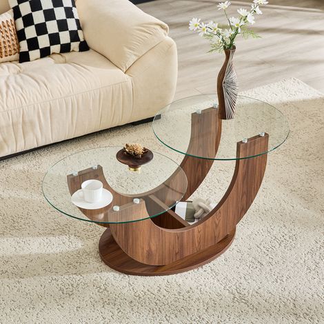 Table basse à 2 plateaux ronds D.59,9 cm, table de salon, rangement ouvert, 2 niveaux, verre trempé et MDF - Noyer et transparent (1/5)