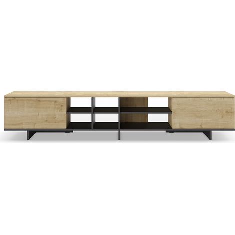 Meuble TV, meuble de salon avec 2 portes aspect bois coloris noir, chêne - Longueur 230 x Profondeur 35,60 x Hauteur 44 cm (1/5)