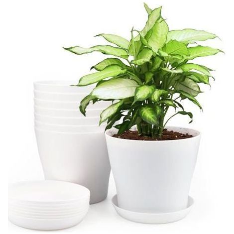 Lot de 8 pots de fleurs plastique blancs Ø14 cm avec soucoupes et trous de drainage - int./ext. (1/5)