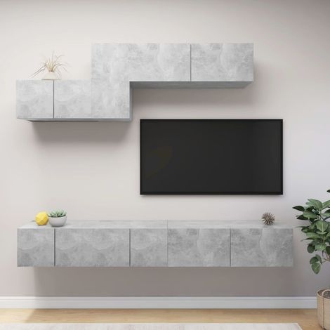Set muebles de salón TV 6 pzas madera ingeniería gris hormigón vidaXL (1/5)