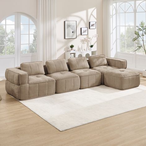 Modulares Ecksofa 4-Sitzer mit Hocker, 32D hochdicht, sandfarbener Polyesterstoff OKMYHOME (1/5)