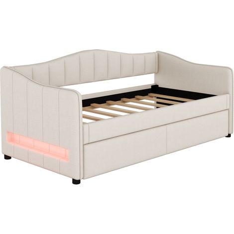 Litera sofá 90x200 cm con cama nido, lino beige, luz LED ambiental, sin colchón (1/5)