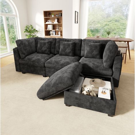 Divano angolare modulare 4-5 posti con pouf contenitore 226x147 cm, tessuto ciniglia, cuscini e tasche sui braccioli - grigio (1/5)