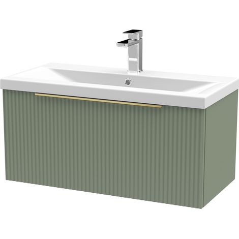 Fluted Front Wall Hung 1-Drawer Bathroom Vanity Unit with 1 Tap Hole Basin, 800mm, Satin Green, Brushed Brass Handles