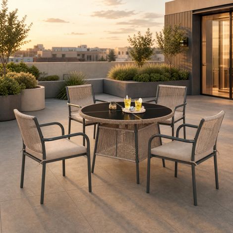 5-teiliges Gartenmöbel-Set mit rundem Tisch aus gehärtetem Glas, grau HAVRYA (1/5)