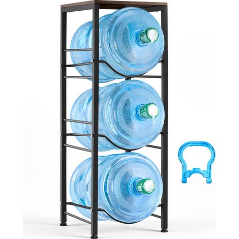 Support de Bonbonne d'Eau 4 Niveaux Rack pour 3 Bidons de 11L et 19L, Cadre Robuste en Métal, Support Porte-bouteilles avec Étagère de Rangement pour Cuisine, Bureau, Salon, Noir et Marron (1/5)