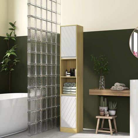 Meuble colonne rangement salle de bain style cosy 30 x 24 x 170 cm 2 portes étagère 2 niches chêne clair blanc (1/5)