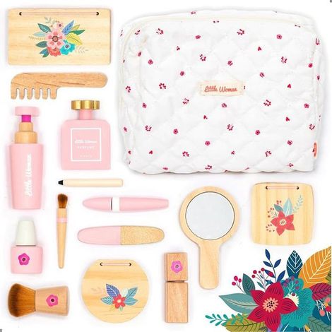 Coffret maquillage enfant en bois - rouge à lèvres, parfum, poudre et trousse - jeu de beauté pour fille dès 3 ans (1/4)