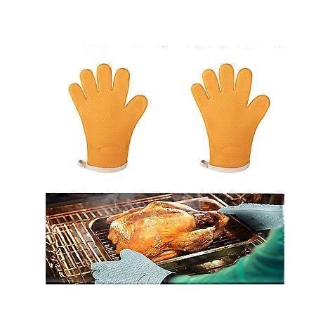 SZTXJ 2er-Pack gelbe Silikon-Räucherofenhandschuhe – Extrem hitzebeständige Grillhandschuhe – Heiße Speisen direkt auf Grill, Fritteuse und Grillstelle anfassen Wasserdicht (1/5)