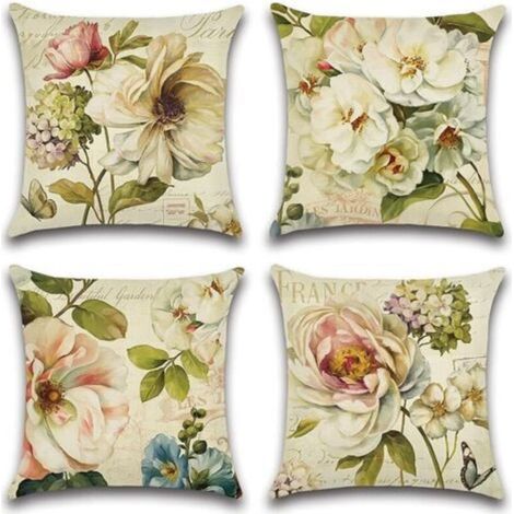 Imperméable Housse de Coussin, Lot de 4 Extérieur Fleurs Vintage Canapé Taie d'oreiller pour Patio Jardin Salon Chambre Décoration, 45x45cm