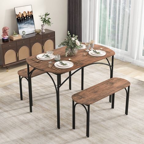 Ensemble de Table à Manger 3 PCS pour 4 Personnes Table Rectangulaire en bois de 120 cm et 2 Bancs Coins Arrondis Cadre en Métal Brun CW4022 Maison Chic (1/4)