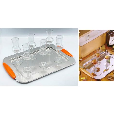 Set 6 Calici Grappa con Vassoio in Acciaio Inox Manici Effetto Legno (1/2)