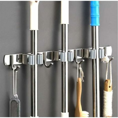 Wandbesenhalter – Besenhalter aus Edelstahl, Aufbewahrungshalter für Küche, Garage, Waschküche (3 Schlitze und 4 Haken) (1/5)
