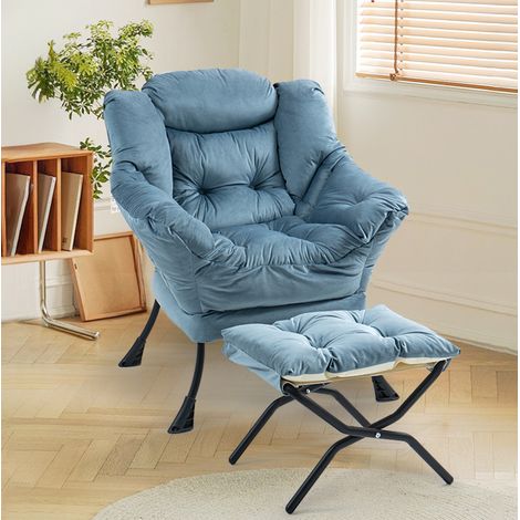 Sillón relax, en metal y terciopelo, con reposapiés plegable, reposacabezas y bolsillo lateral, azul claro, para el salón (1/5)