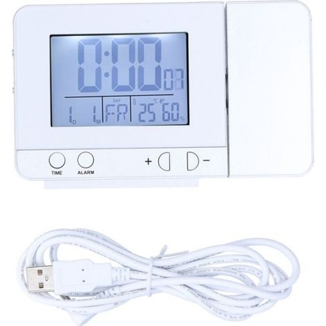 Réveil Projection - Rotation 180° - Affichage LED - Capteur Température Humidité - Alimentation USB - Argent - 1 Pièce (1/5)